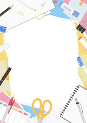 破れた紙と文房具の背景フレーム、縦向き