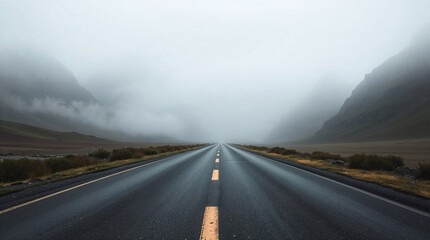 Empty asphalt road leading into foggy mountains
