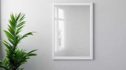 Modern White Frame Mirror with Plant in Bright Interior Space