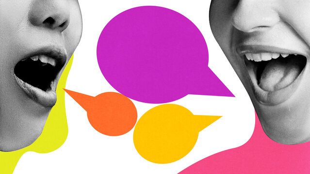 Conceptual graphic design. Two women energetically speaking, large colorful speech bubbles overlapping, symbolizing vibrant discussion, storytelling. Concept of communication, brainstorming. Ad