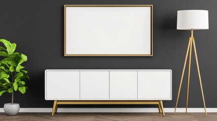 Modern Living Room Setup with Furniture and Plant on Dark Wall