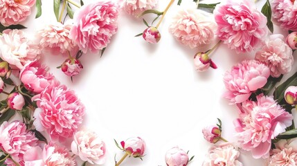 Frame made of Elegant Pink Peonies Bordering White Background with copy space, wedding invitation card, mothers day