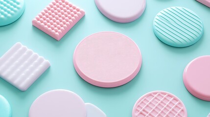 Fototapeta premium Colorful Pastel Background with Various Textured Round Shapes in Soft Pink and Light Blue Tones for Creative Use