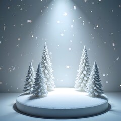 Fototapeta premium Enchanting Winter Whimsy Snowy Decor on Glossy White Platform