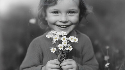 A child holding a small bouquet of daisies and smiling brightly