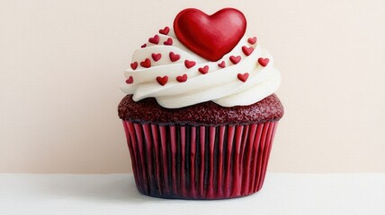 A delightful red velvet cupcake topped with creamy frosting and heart-shaped decorations, perfect for Valentine's Day or any celebration.