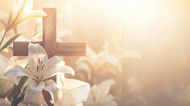 An elegant illustration of a wooden cross with white lilies and soft ribbons. The gradient background evokes peace and renewal, symbolizing the spirit of Easter