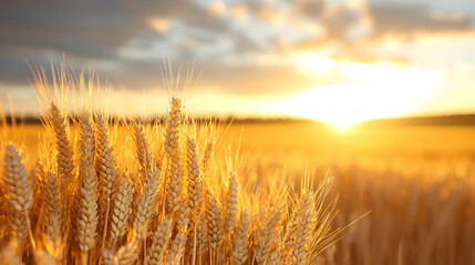 Naklejka premium Golden Wheat Field Sunset Landscape, Agriculture
