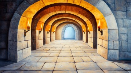 Fototapeta premium Mysterious Stone Hallway with Arched Ceilings and Flickering Lights