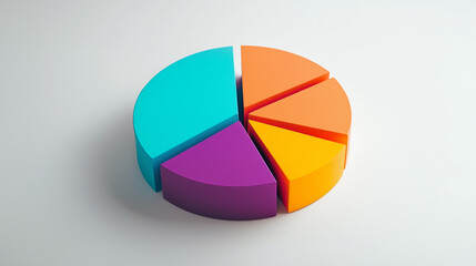 Fototapeta premium A vibrant, colorful pie chart illustrating different data sections with contrasting colors like teal, orange, purple, and yellow. The chart is centered on a clean, white background for clarity