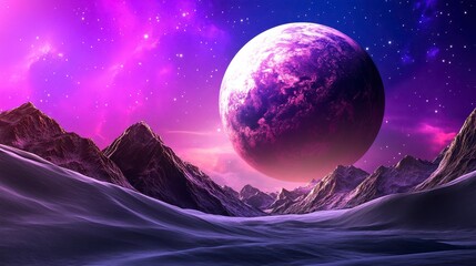 Vibrant Cosmic Landscape with Majestic Planet and Mountain Range