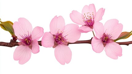 Delicate Pink Cherry Blossom Branch with Vibrant Flowers and Leaves