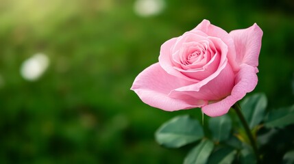 Beautiful Pink Rose Blooming on Bright Green Background