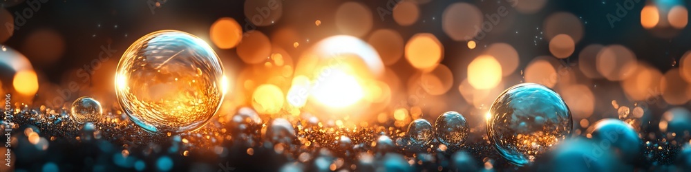 Wall mural golden light and bokeh background with abstract glowing, sparkling particles, and defocused circles