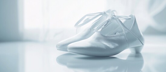 White bridal shoes indoors, bright background, wedding prep