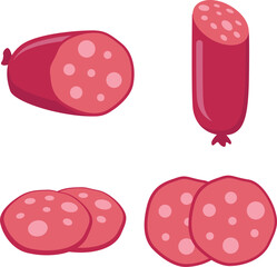 Set of red smoked sausages, whole sausage, half, sliced. Food, ready made meat dish design vector