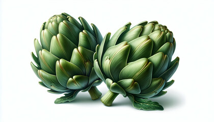 Fototapeta premium Vegetables two green artichoke with its leaves slightly curled, showcasing its distinctive texture and shape ag1