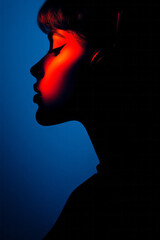 A moody, low-key portrait capturing the womanâ€™s face in partial shadow, headphones lit by a gentle, diffused cobalt glow,