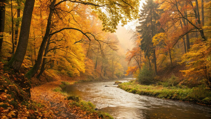 Obraz premium tranquil river winding through dense autumn forest, surrounded by vibrant orange and yellow leaves, creates serene atmosphere