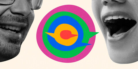 Modern graphic design. Two faces smiling and speaking, vibrant layered speech bubbles in rainbow...