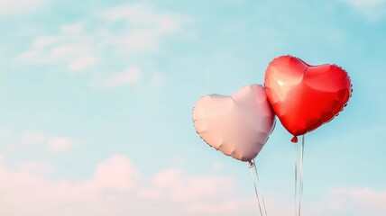 Obraz premium Two heart-shaped balloons, one red and one white, float against a blue sky, symbolizing love and affection in a cheerful atmosphere.