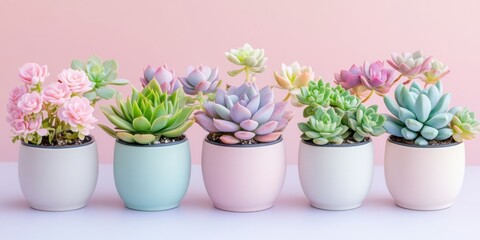 Obraz premium Succulent plants arrangement on pastel colored background. Potted succulent house plants. Flat lay, top view, copy space