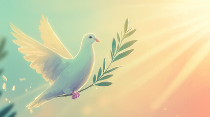 A white dove holding an olive branch, symbolizing peace, softly outlined against a pastel gradient sky with gentle rays of light, creating a calm and holy atmosphere.