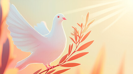 Obraz premium A white dove holding an olive branch, symbolizing peace, softly outlined against a pastel gradient sky with gentle rays of light, creating a calm and holy atmosphere.