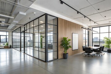 Fototapeta premium Stylish Modern Office with Glass Partitions, Wooden Accents, and Minimalist Design – Bright and Spacious Workspac