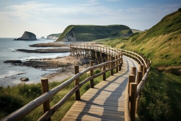 Obraz premium Wooden walkway meanders along a picturesque coastline, offering breathtaking views and a peaceful escape