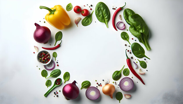  Vegetables A perspective shot of red onions, spinach leaves, and yellow bell peppers placed around the edges of2