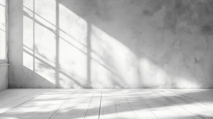 Fototapeta premium Sunlit Room, Empty Interior, White Walls, Wood Floor, Shadow