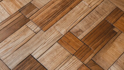 Fototapeta premium a close-up of a wooden floor. The floor is made up of multiple wooden planks arranged in a diagonal pattern, creating a textured surface.