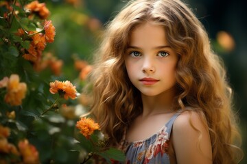 Cute young girl with long blonde curly hair posing near blooming orange flowers in a garden