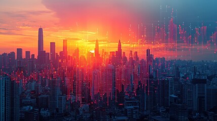 City skyline at sunset with abstract financial data visualization
