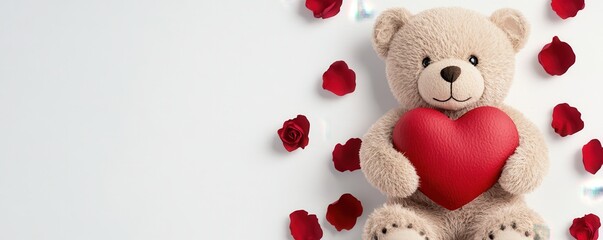 A cute teddy bear holding a red heart surrounded by rose petals, perfect for expressing love and affection.