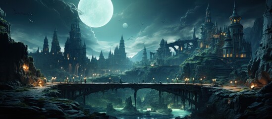 Obraz premium Nightfall Bridge to Fantasy Castle Town