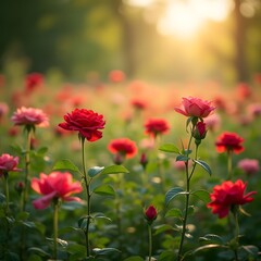 Fototapeta premium Enchanting Field of Vibrant Roses A Focus-Stacked Serenity