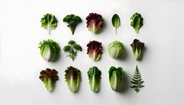  Vegetables A minimalist arrangement of eight different lettuces on a white background The lettuces are placed i2