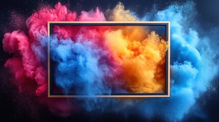 Naklejka premium Colorful powder paint explosion surrounding a product display frame, emphasizing creativity, isolated on transparent background