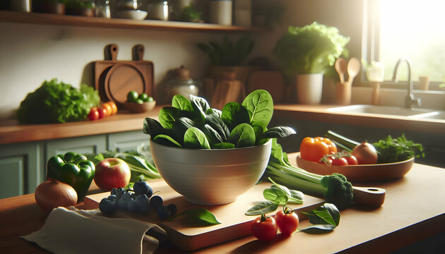  Vegetables A kitchen countertop scene with a bowl of leafy greens surrounded by fresh vegetables and fruits, so3