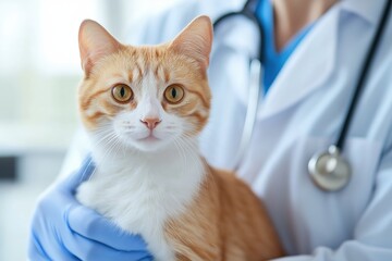 Orange tabby cat held by veterinarian in white coat with blue gloves