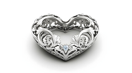 ? Heart-shaped ring holder with intricate silver detailing isolated on white background in HD