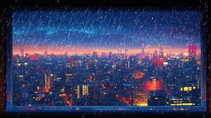 Fototapeta premium Rainy night cityscape viewed from window, raindrops falling