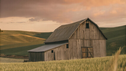 Obraz premium rustic barn stands peacefully in serene countryside landscape, surrounded by rolling hills and golden fields