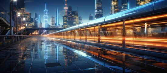 Obraz premium Futuristic city transit, elevated walkway, night cityscape, advertising