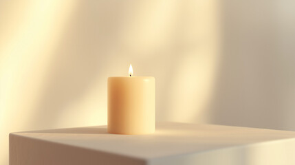A simple candle with a gentle flame, placed on a soft white surface. The background features a light gradient of pastels, creating a calm and peaceful atmosphere.