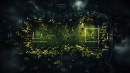 Obraz premium Night aerial view of an overgrown soccer field, misty background, game concept