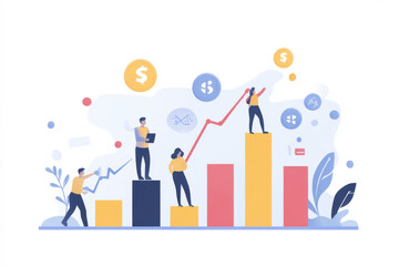 Business goals and colorful graphs illustrate growth and success. image features people analyzing data, representing teamwork and strategy in achieving objectives