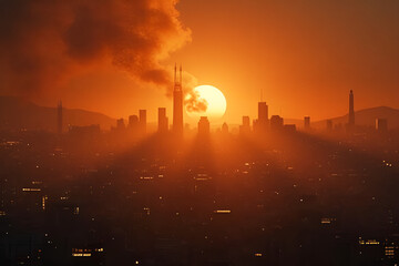 Fototapeta premium A massive fire, orange flames in buildings at night, smoke from fires in the city, smoke from fires at sunset.